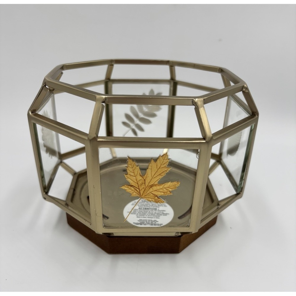 Bath & Body Works Gold Leaves Wood Base 3 Wick Candle Holder Sleeve
